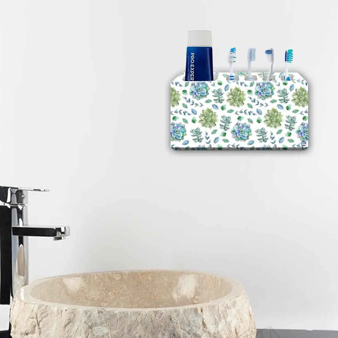 Toothbrush Holder Wall Mounted -Watercolor Green Blue Flower