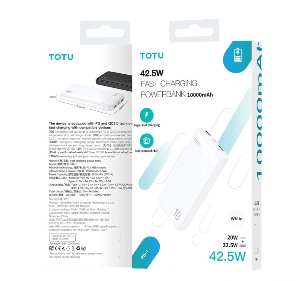 Totu 10000 Mah - 42.5W Fast Charging Power Bank