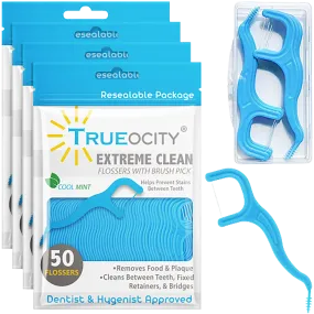 Trueocity Dental Flossers Brush Picks 4 Pack w/ Travel Case (200 Total Count), Dental Floss Glides Easy Between Teeth, Flosser Helps Prevent Tooth Decay & Gum Disease, Easy Grip Handle, Mint Flavored