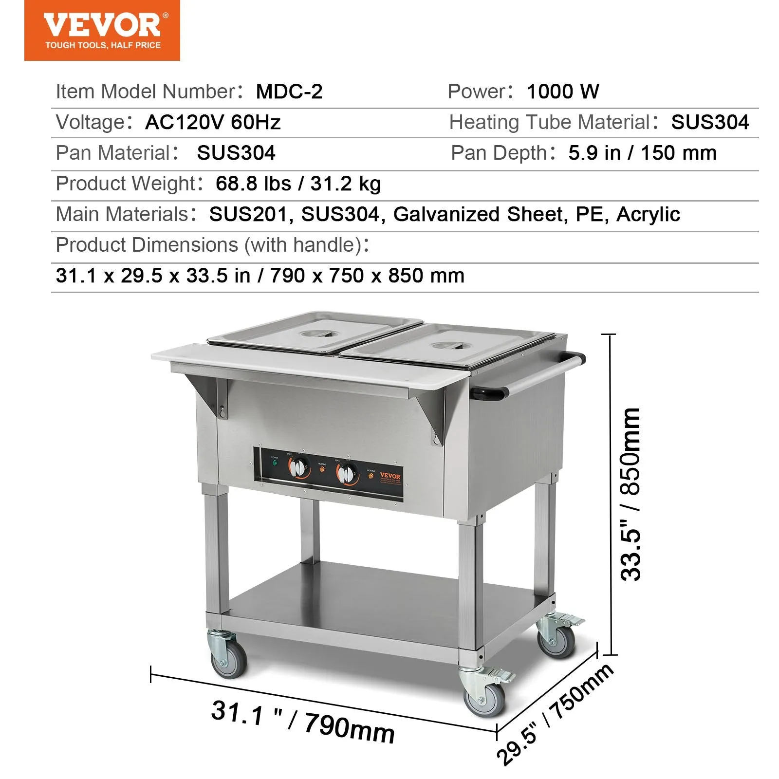 Vevor Food Warmer 2-Pan 20.6 Qt Commercial Buffet Table with Wheels 1000W Stainless Steel New