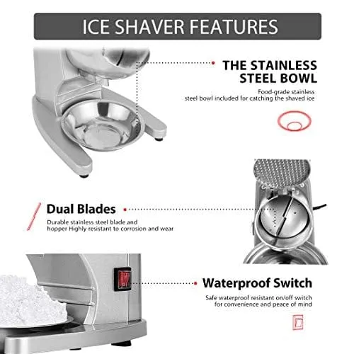 VIVOHOME 11 Inch Height Electric Dual Blades Ice Crusher Shaver Snow Cone Maker Machine Silver 143lbs/hr for Home and Commercial Use