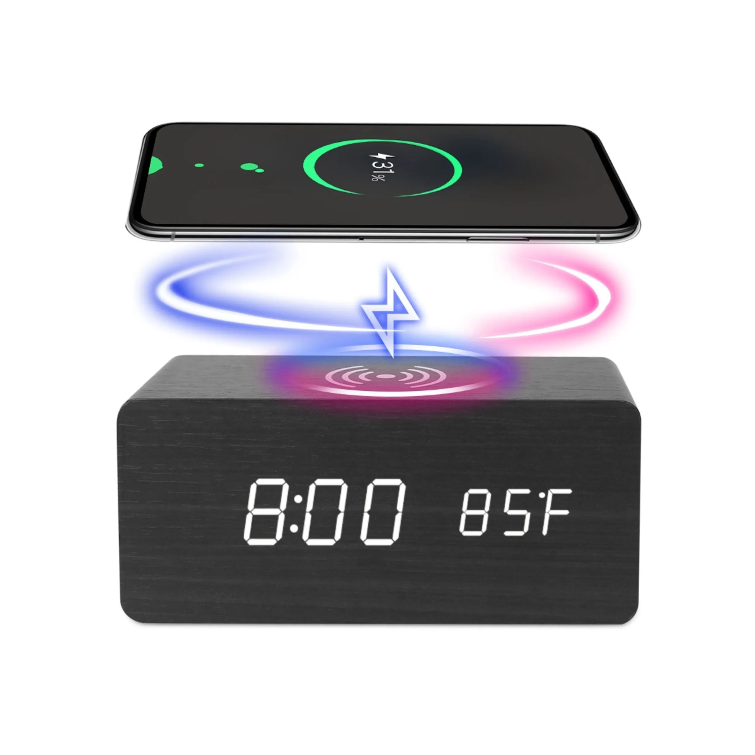 Wireless Charger Alarm Clock with Voice Control & Temperature Display (Black)