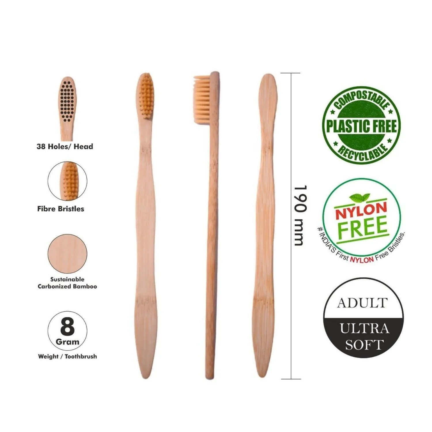 Wooden Bamboo Toothbrush | Pack of 6 | Ultra-Soft Bristles | BPA Free | Biodegradable and Compostable